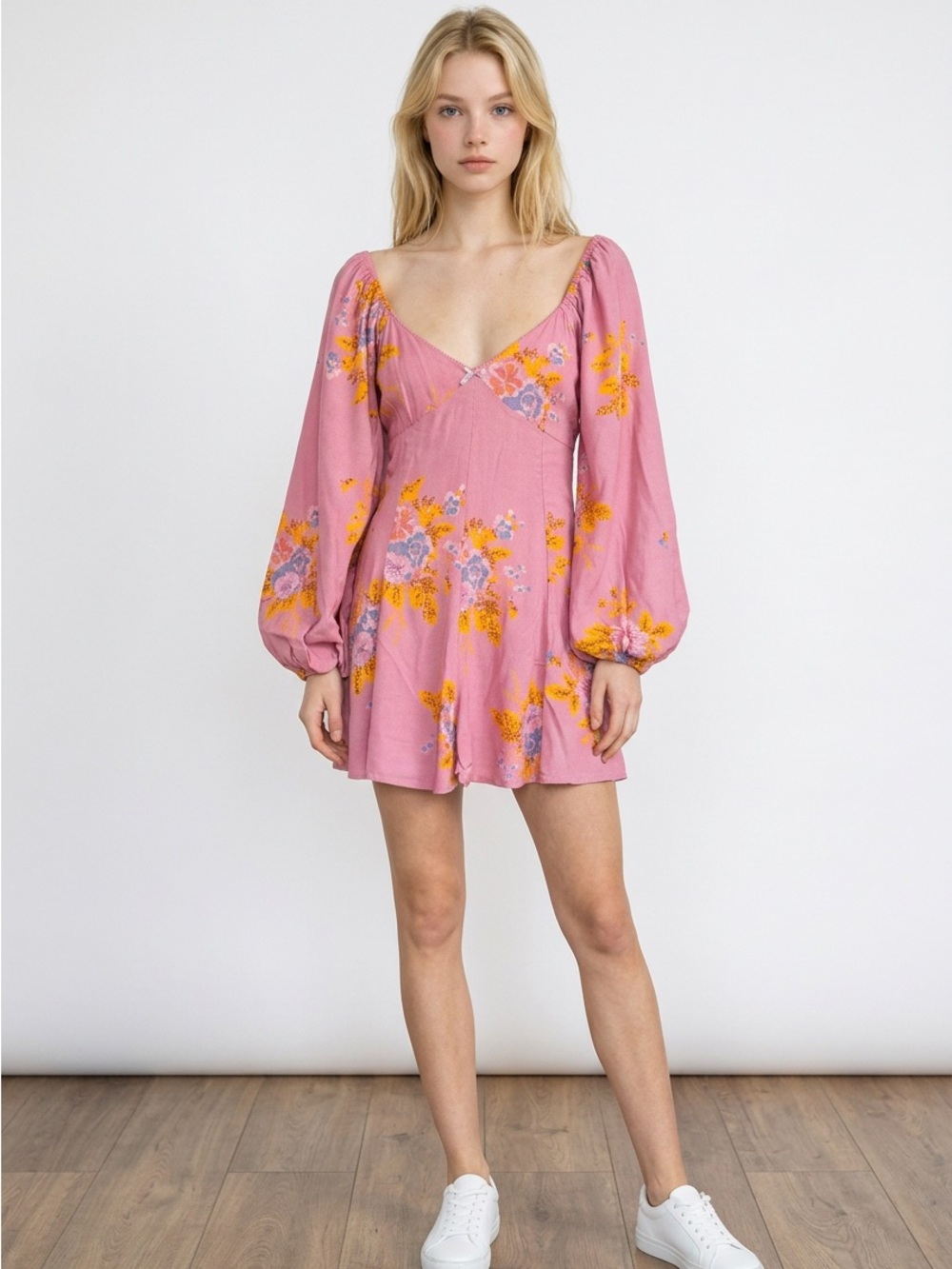 Free People Floral Long-Sleeve Mini Dress